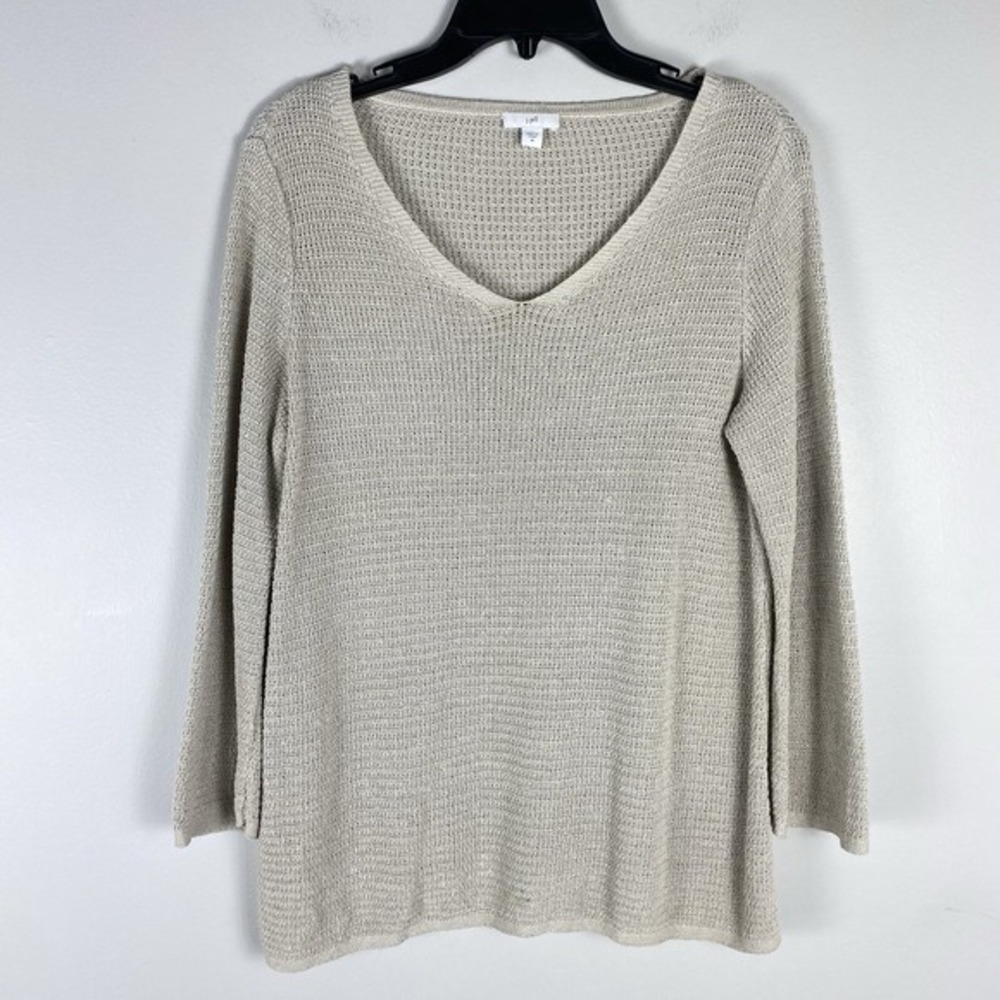 J Jill Knit Top Womens Sz M Linen Blend Long Sleeve Fisherman Airy Quiet Luxury